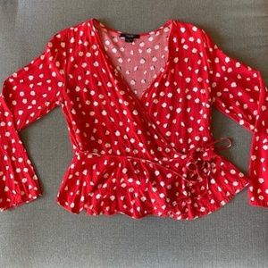 Red Floral Wrap Long Sleeve Blouse